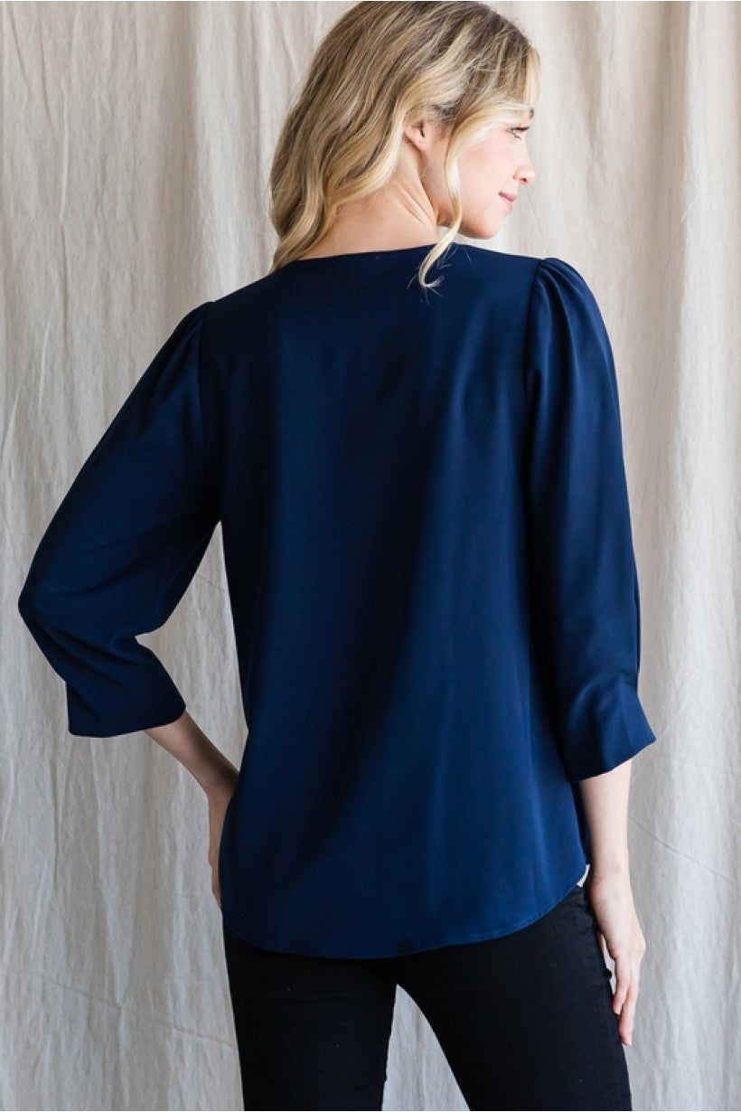 Three Quarter Sleeve V-Neck Blouse - Navy