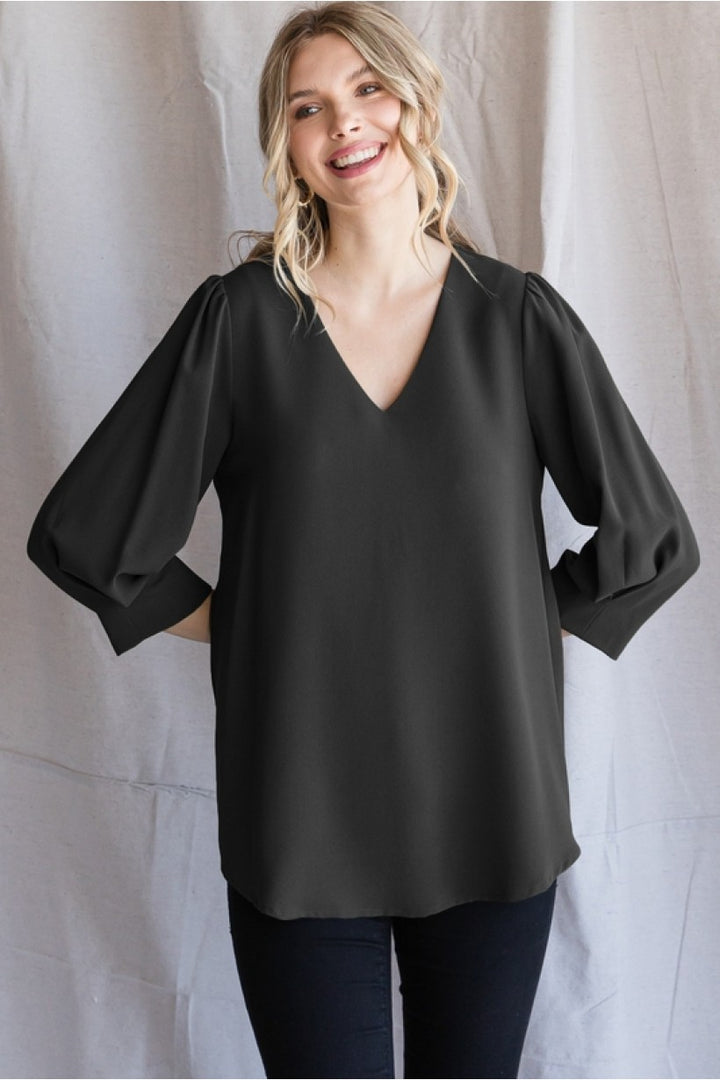 Three Quarter Sleeve V-Neck Blouse - Black