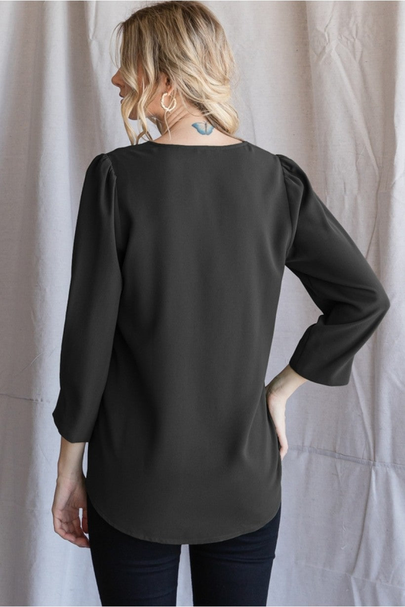 Three Quarter Sleeve V-Neck Blouse - Black