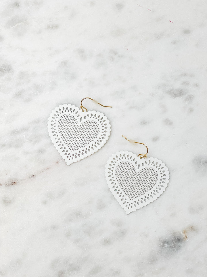 Filigree Heart Dangle Earrings - White